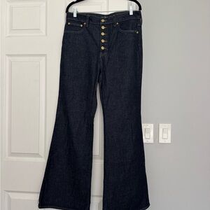 J. Crew Dark Indigo Flare Jeans with Gold Buttons